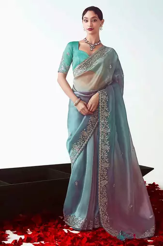 Multi color embroidered cut work fancy fabric ceremonial designer saree