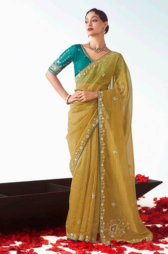 Olive embroidered cut work fancy fabric ceremonial designer saree