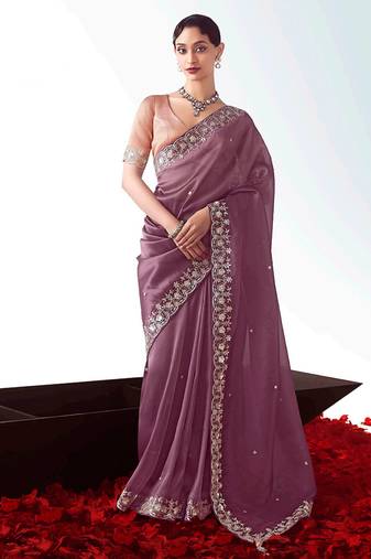 Onion pink embroidered cut work fancy fabric ceremonial designer saree