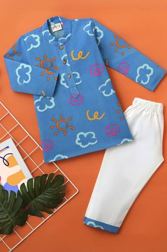 Boys blue sun and cloud printed cotton kurta pyjama set