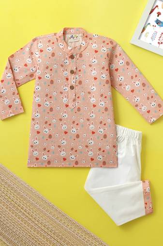 Boys peach bunny printed cotton kurta pyjama set