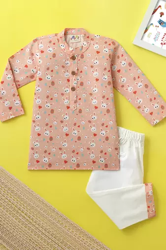 Boys peach bunny printed cotton kurta pyjama set