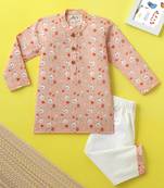 Boys peach bunny printed cotton kurta pyjama set