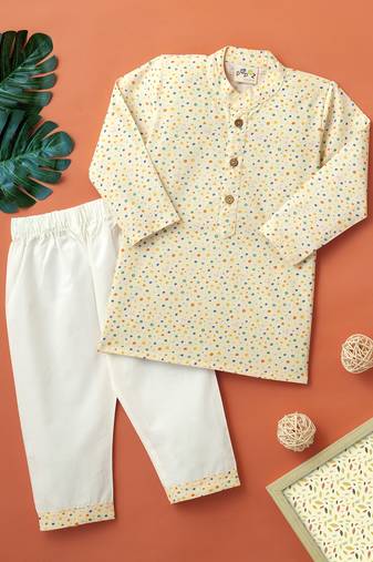 Boys cream polka dots printed cotton kurta pyjama set