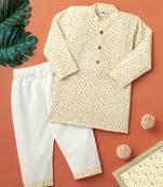 Boys cream polka dots printed cotton kurta pyjama set