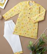 Boys yellow petals and hearts printed cotton kurta pyjama set