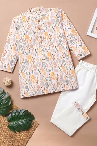 Boys pink floral leaves printed cotton kurta pyjama set