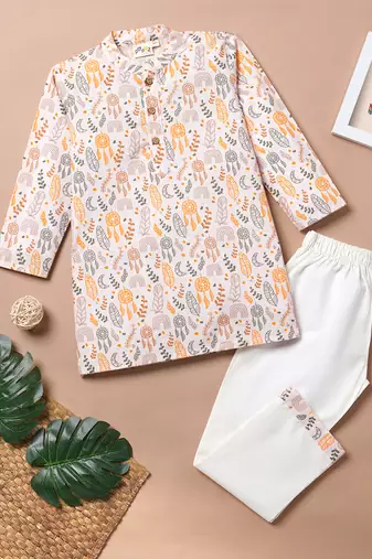 Boys pink floral leaves printed cotton kurta pyjama set