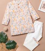 Boys pink floral leaves printed cotton kurta pyjama set