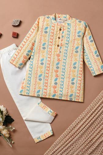 Boys yellow boho string floral printed cotton kurta pyjama set