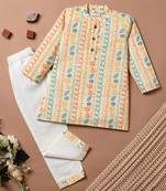 Boys yellow boho string floral printed cotton kurta pyjama set