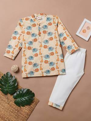 Boys yellow lion and elephant printed cotton kurta pyjama set 1