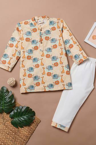 Boys yellow lion and elephant printed cotton kurta pyjama set