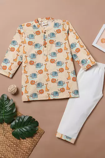 Boys yellow lion and elephant printed cotton kurta pyjama set