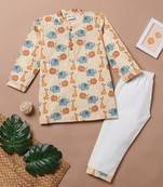 Boys yellow lion and elephant printed cotton kurta pyjama set