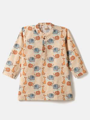 Boys yellow lion and elephant printed cotton kurta pyjama set 2