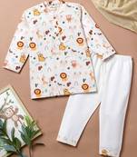 Boys white tiger and lion printed cotton kurta pyjama set