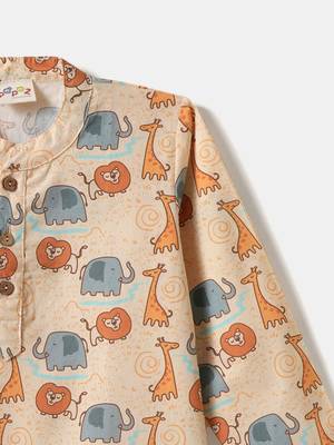 Boys yellow lion and elephant printed cotton kurta pyjama set 4