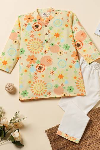 Boys yellow floral printed cotton kurta pyjama set