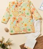 Boys yellow floral printed cotton kurta pyjama set