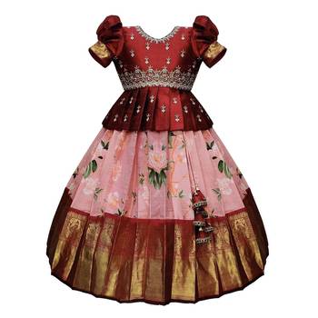 maroon Printed South Indian Pavadai Pattu Lehenga choli For Girls 1