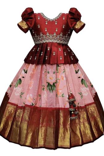 maroon Printed South Indian Pavadai Pattu Lehenga choli For Girls