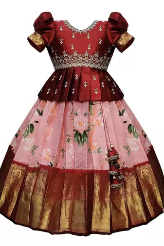 maroon Printed South Indian Pavadai Pattu Lehenga choli For Girls