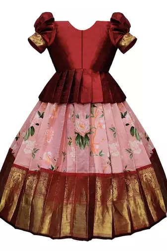 maroon Printed South Indian Pavadai Pattu Lehenga choli For Girls