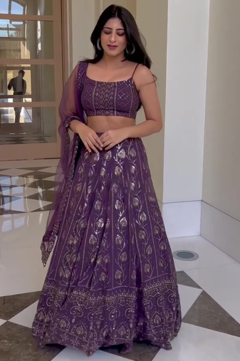 Purple Georgette Thread Zari sequin Embroidery Work Lehenga Choli