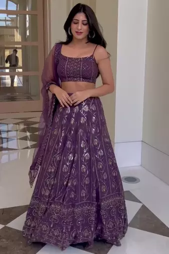 Purple Georgette Thread Zari sequin Embroidery Work Lehenga Choli