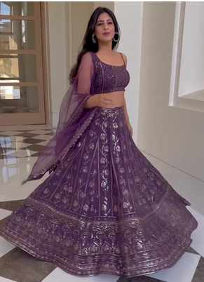 Purple Georgette Thread Zari sequin Embroidery Work Lehenga Choli 5