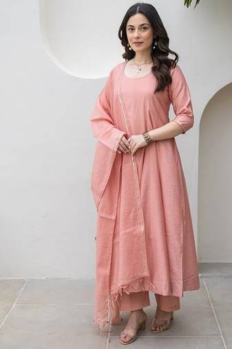 Peach aari work chanderi stitched pant anarkali
