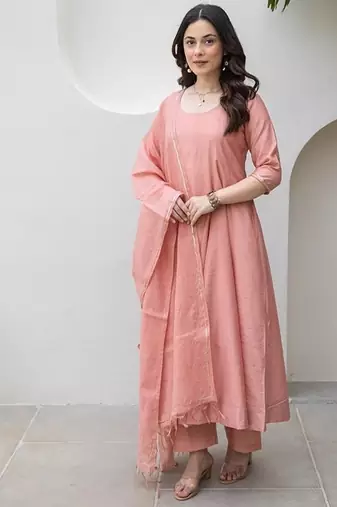 Peach aari work chanderi stitched pant anarkali