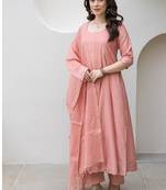 Peach aari work chanderi stitched pant anarkali