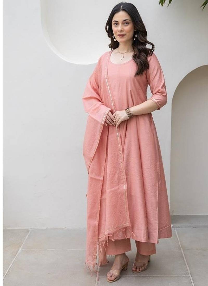 Peach aari work chanderi stitched pant anarkali