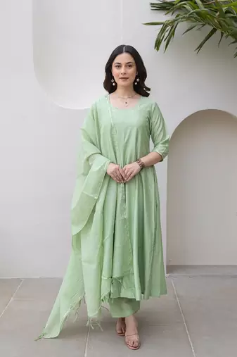 Pista green aari work chanderi stitched pant anarkali