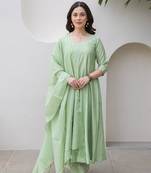 Pista green aari work chanderi stitched pant anarkali