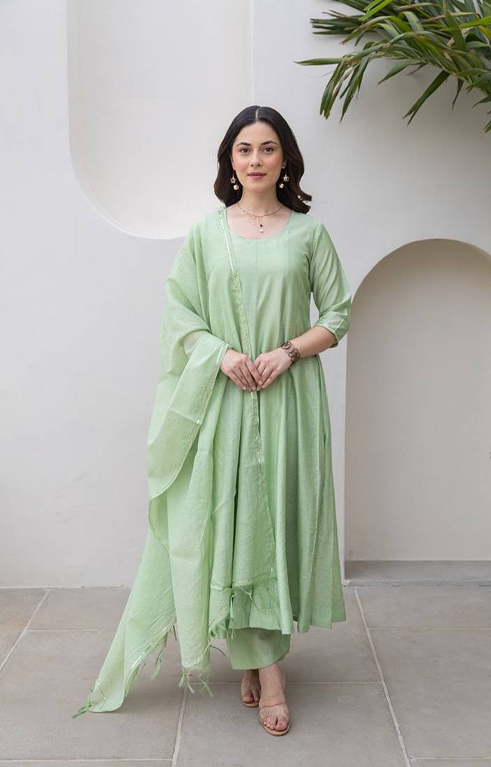 Pista green aari work chanderi stitched pant anarkali