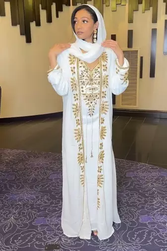 white Kaftan Zari Handcrafted Morrocan Arabic wedding dress with worked scarf