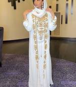 white Kaftan Zari Handcrafted Morrocan Arabic wedding dress with worked scarf