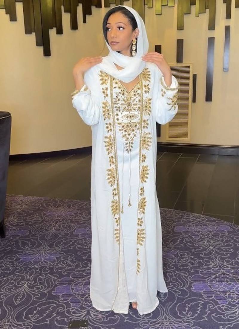 white Kaftan Zari Handcrafted Morrocan Arabic wedding dress with worked scarf