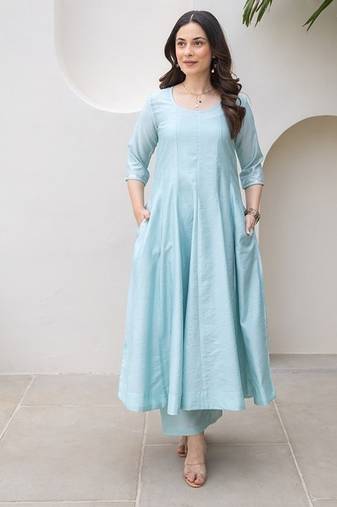 Powder blue aari work chanderi stitched pant anarkali