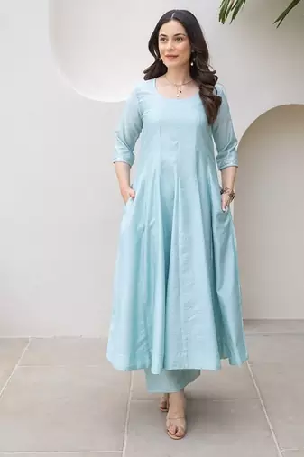 Powder blue aari work chanderi stitched pant anarkali