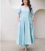 Powder blue aari work chanderi stitched pant anarkali