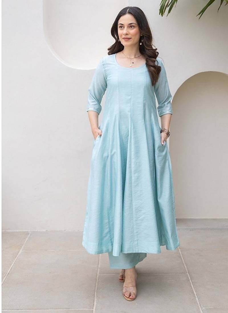 Powder blue aari work chanderi stitched pant anarkali