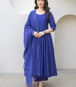 Royal blue aari work chanderi stitched pant anarkali