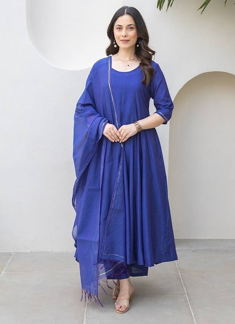Royal blue aari work chanderi stitched pant anarkali