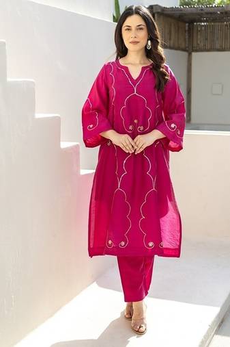 Rani bagh aari work chanderi stitched pant co-ord set