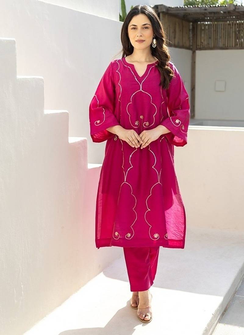 Rani bagh aari work chanderi stitched pant co-ord set