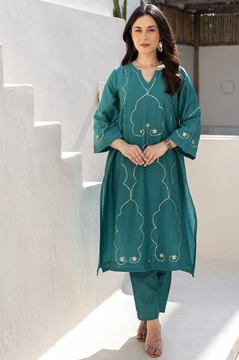 Teal noor aari work chanderi stitched pant co-ord set